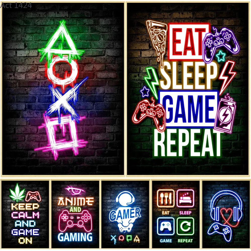 Esports Gaming Poster - ゲーミングネオン「Eat Sleep Game Repeat」キャンバスポスター、ゲーマールーム装飾キャンバスプリントアート、ホームeスポーツ寝室装飾ギフト絵画