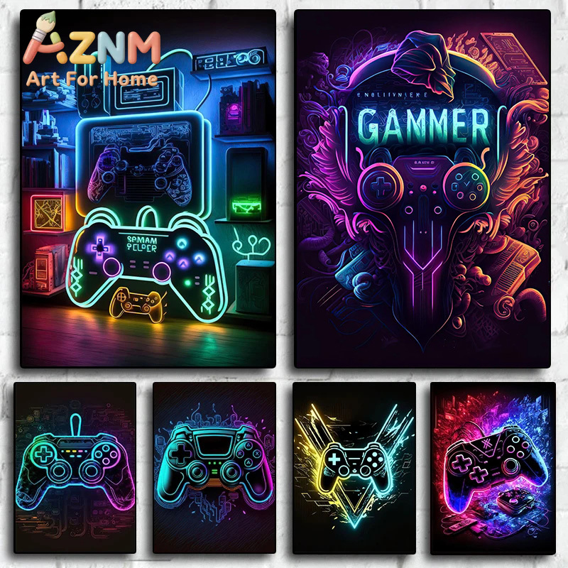 Esports Gaming Poster - モダンなネオンポップクールなゲーミングウォールアートポスター、カラフルなゲーマーコントローラーポスターとプリント、Eスポーツルームの装飾ギフト（ライトなし）