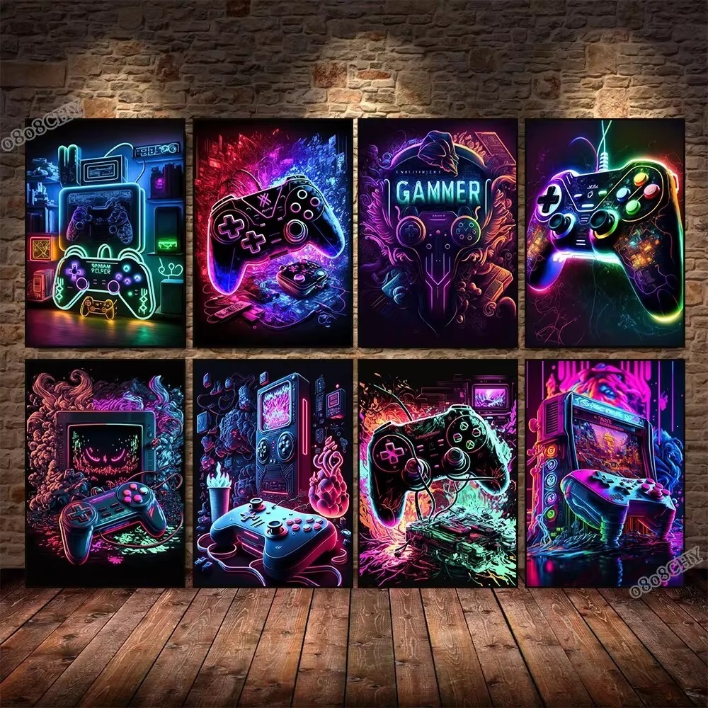 Esports Gaming Poster - ネオンゲームキャンバス絵画ゲームコントローラゲームパッドゲームポスターキャンバスプリント壁アート写真eスポーツゲーマールーム装飾