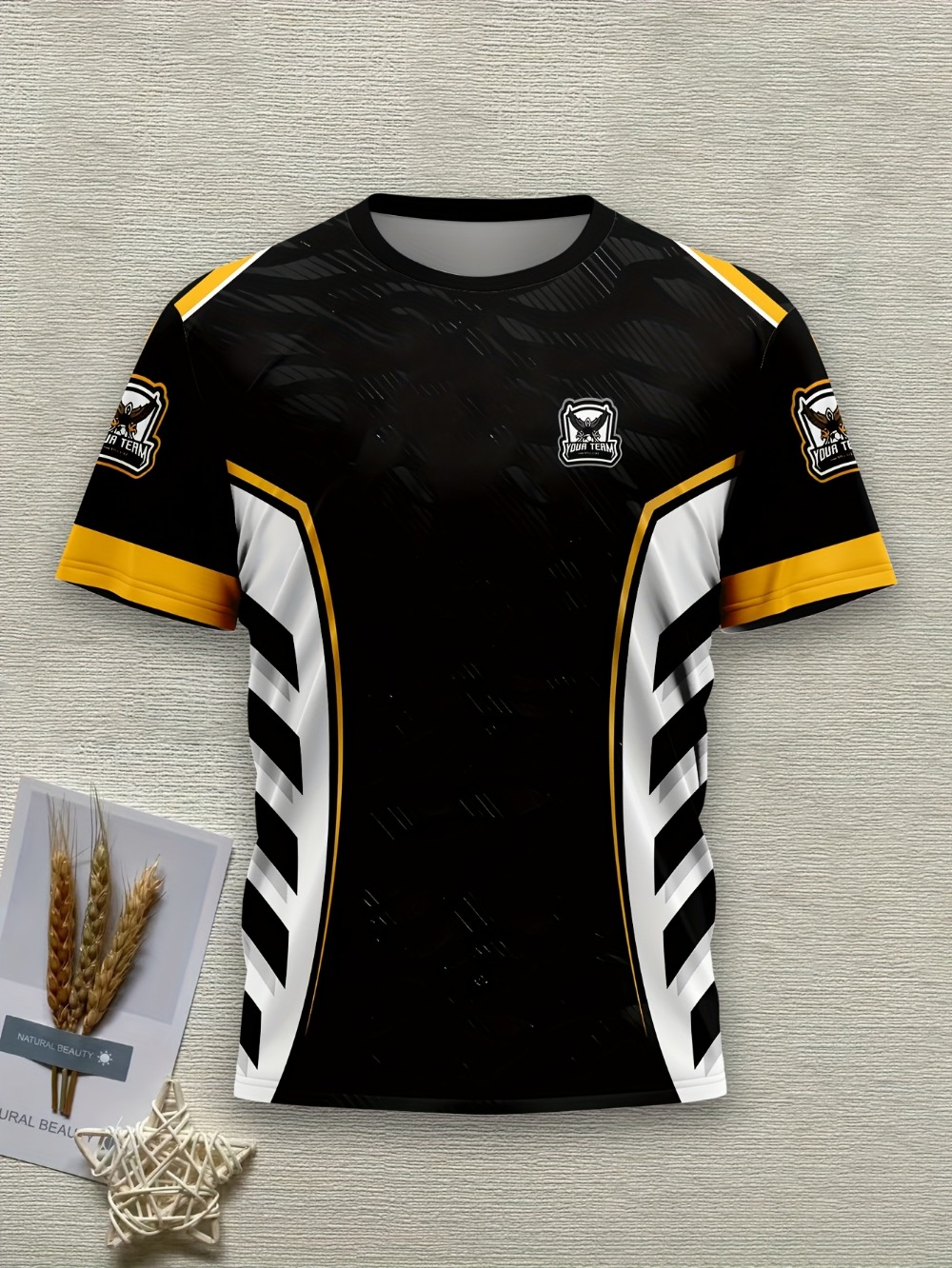 Esports Gaming Teams - メンズゲーミングeスポーツチームジャージTシャツ、黒・金・白の幾何学模様昇華プリント3DプリントTシャツ、イーグルロゴスポーツ半袖シャツ